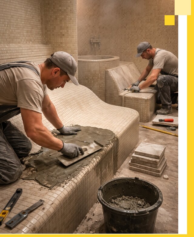 Лежаки для хамама под ключ в Алексине, проект и монтаж